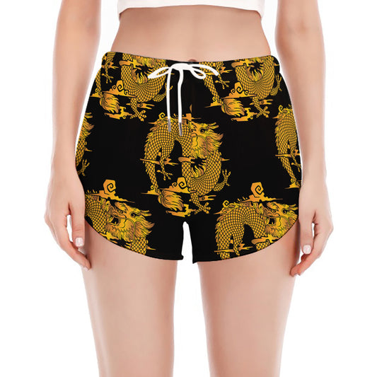 Black And Gold Dragon Pattern Print Women's Split Running Shorts