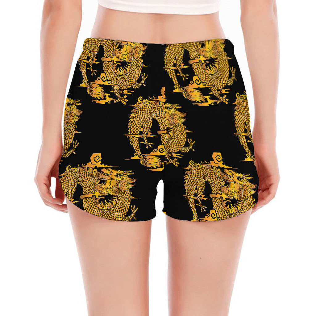 Black And Gold Dragon Pattern Print Women's Split Running Shorts