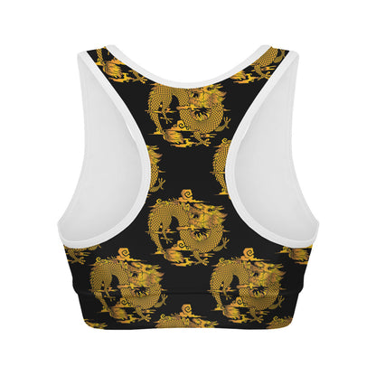 Black And Gold Dragon Pattern Print Women's Sports Bra