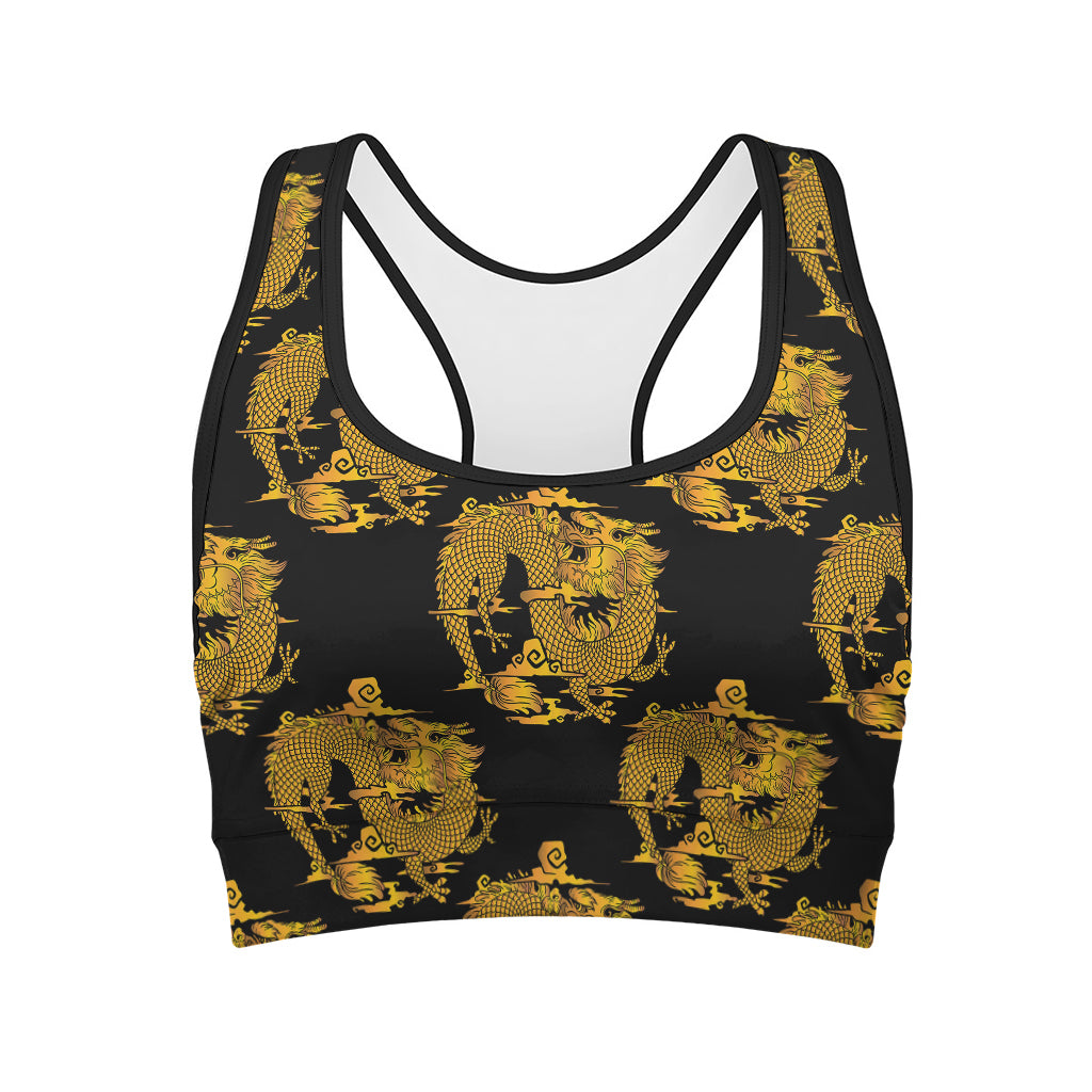 Black And Gold Dragon Pattern Print Women's Sports Bra