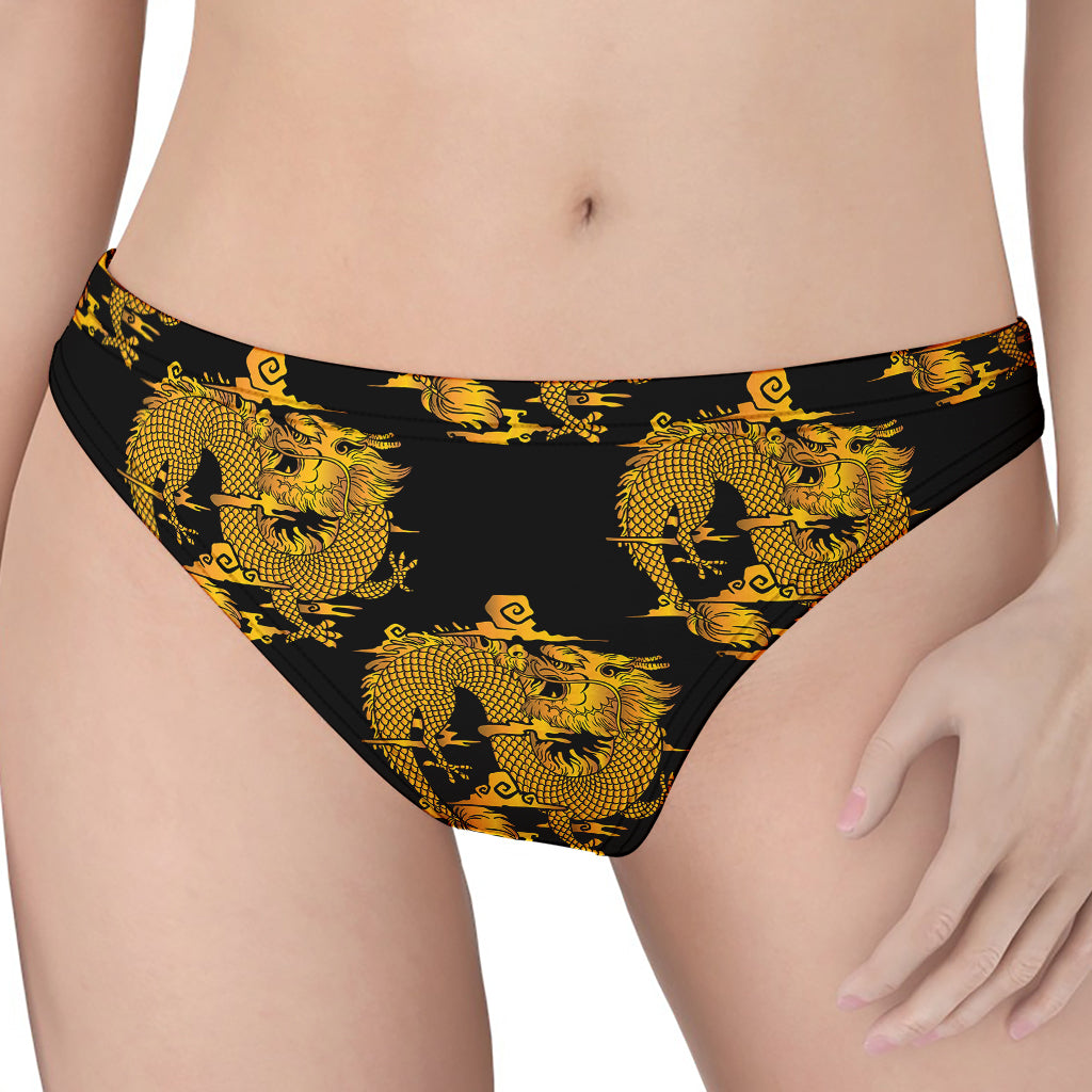 Black And Gold Dragon Pattern Print Women's Thong