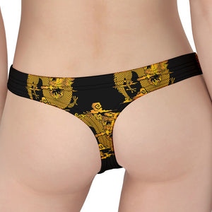 Black And Gold Dragon Pattern Print Women's Thong