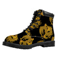 Black And Gold Dragon Pattern Print Padded Collar Lace Up Boots