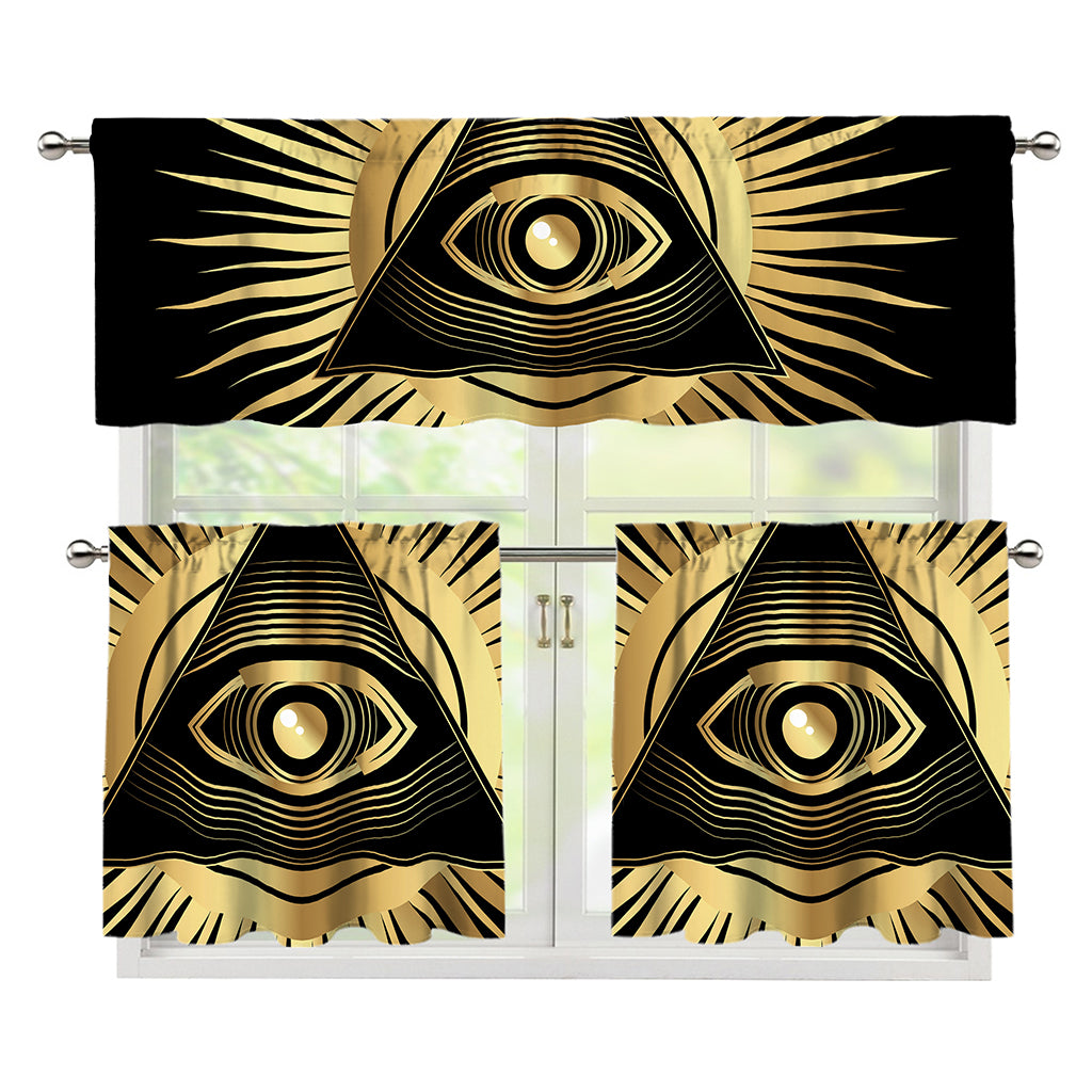 Black And Gold Eye of Providence Print 3 Piece Kitchen Curtains