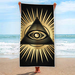 Black And Gold Eye of Providence Print Beach Towel