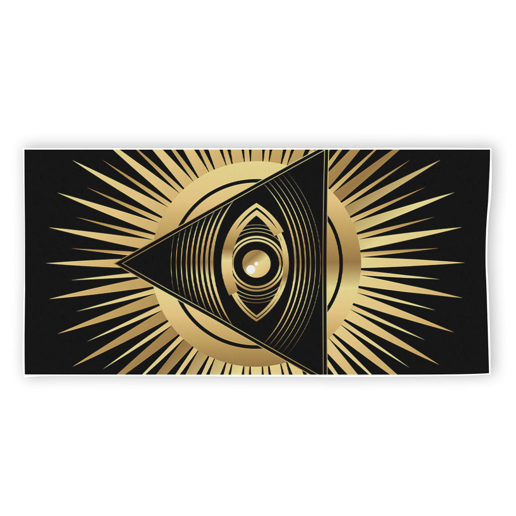 Black And Gold Eye of Providence Print Beach Towel
