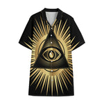 Black And Gold Eye of Providence Print Cotton Hawaiian Shirt