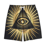 Black And Gold Eye of Providence Print Cotton Shorts