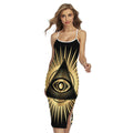 Black And Gold Eye of Providence Print Cross Back Cami Dress