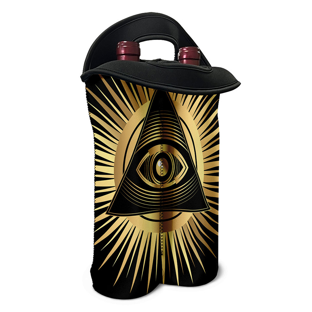 Black And Gold Eye of Providence Print Double Neoprene Wine Tote