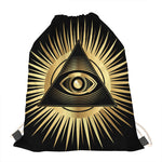 Black And Gold Eye of Providence Print Drawstring Bag