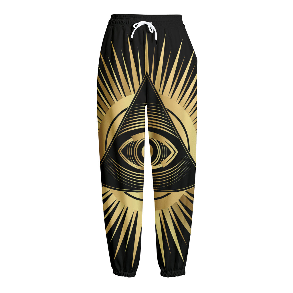 Black And Gold Eye of Providence Print Fleece Lined Knit Pants