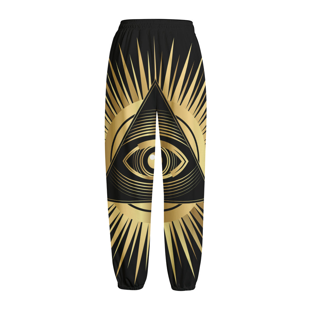 Black And Gold Eye of Providence Print Fleece Lined Knit Pants