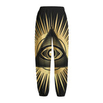 Black And Gold Eye of Providence Print Fleece Lined Knit Pants