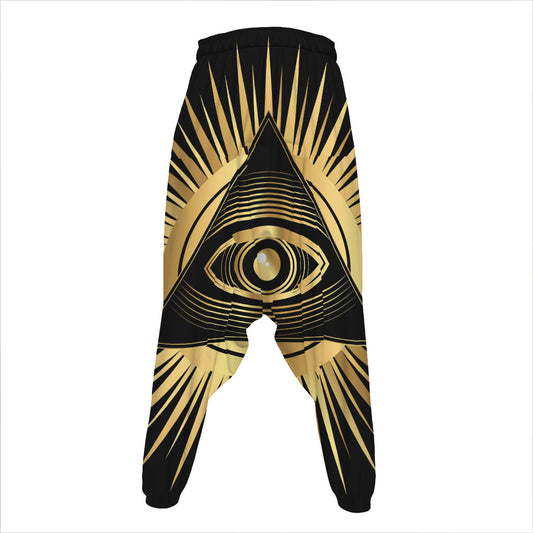 Black And Gold Eye of Providence Print Hammer Pants