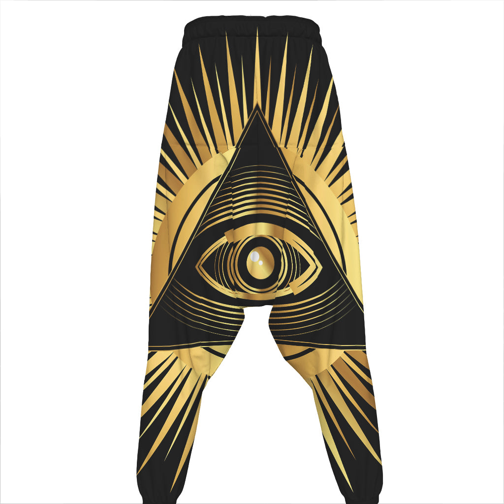 Black And Gold Eye of Providence Print Hammer Pants