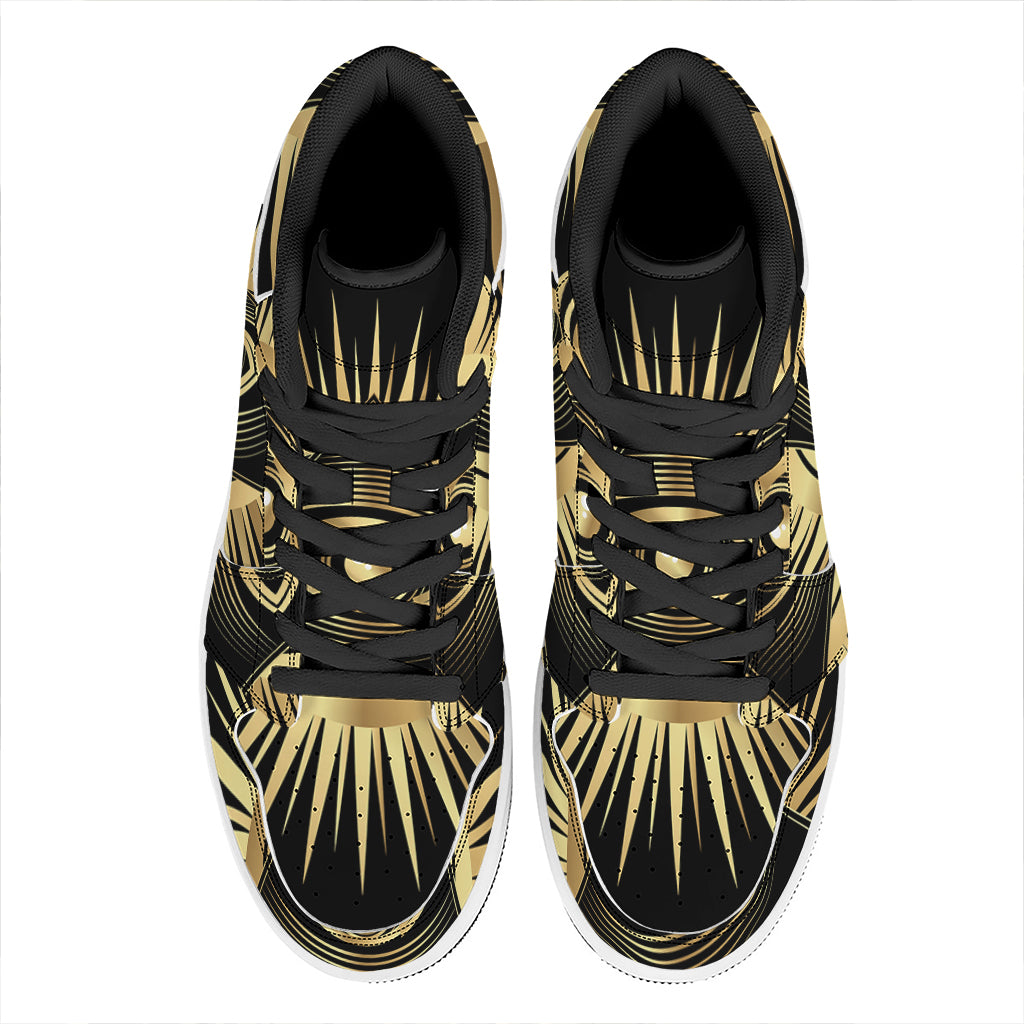 Black And Gold Eye of Providence Print High Top Leather Sneakers