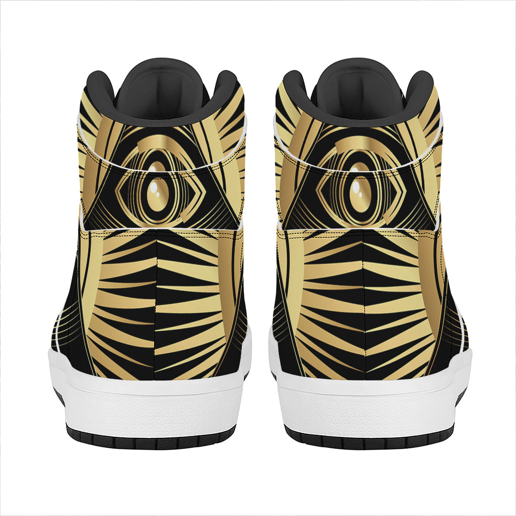 Black And Gold Eye of Providence Print High Top Leather Sneakers