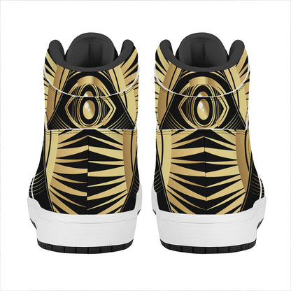 Black And Gold Eye of Providence Print High Top Leather Sneakers