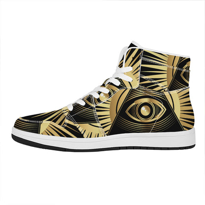 Black And Gold Eye of Providence Print High Top Leather Sneakers