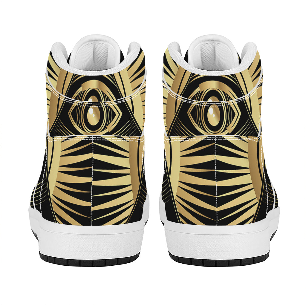 Black And Gold Eye of Providence Print High Top Leather Sneakers