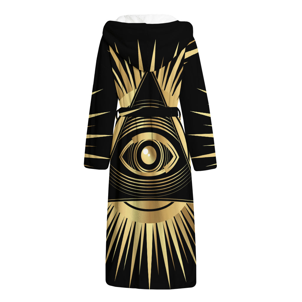 Black And Gold Eye of Providence Print Hooded Bathrobe