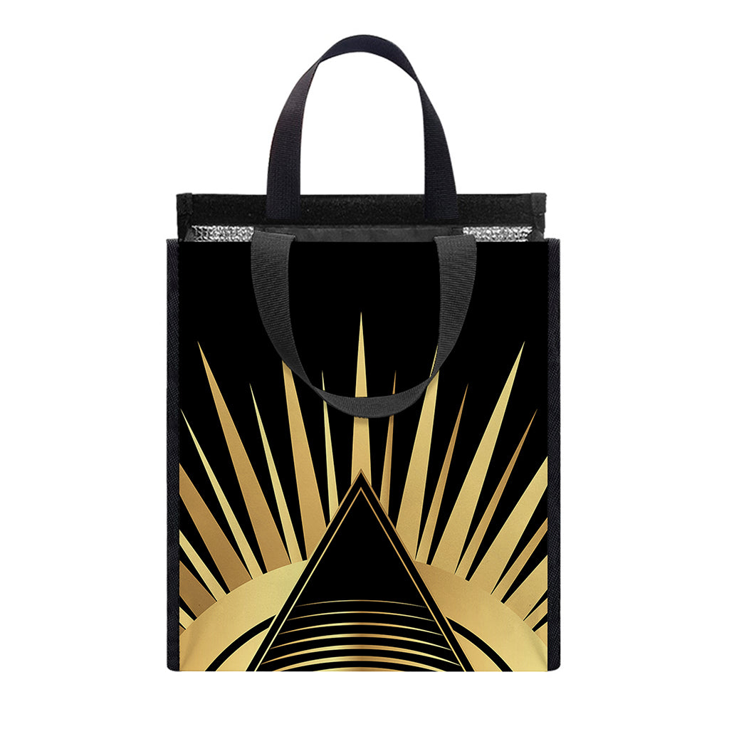 Black And Gold Eye of Providence Print Insulated Lunch Tote