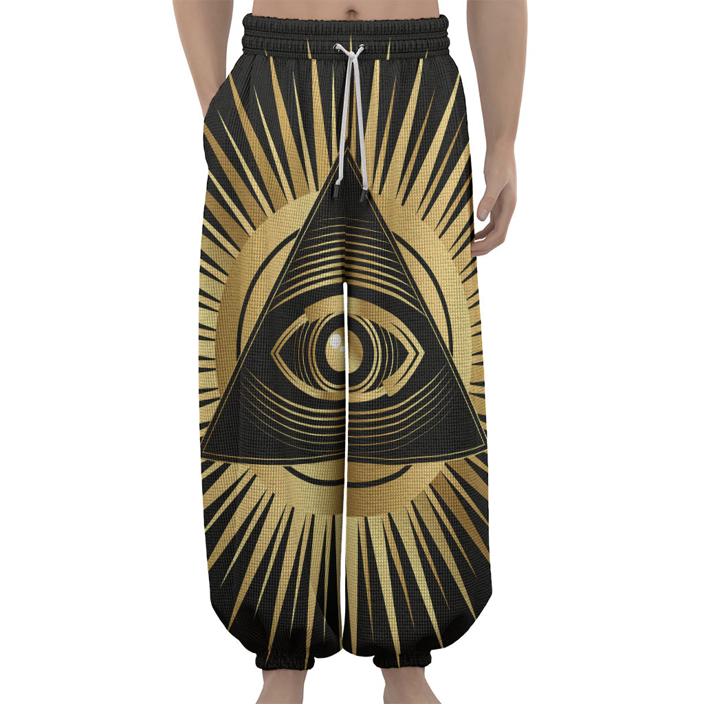 Black And Gold Eye of Providence Print Lantern Pants