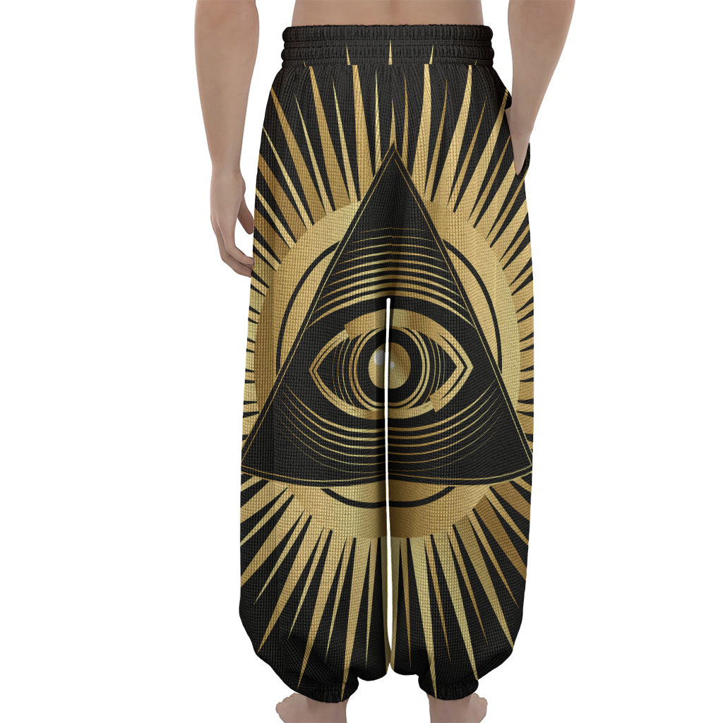 Black And Gold Eye of Providence Print Lantern Pants