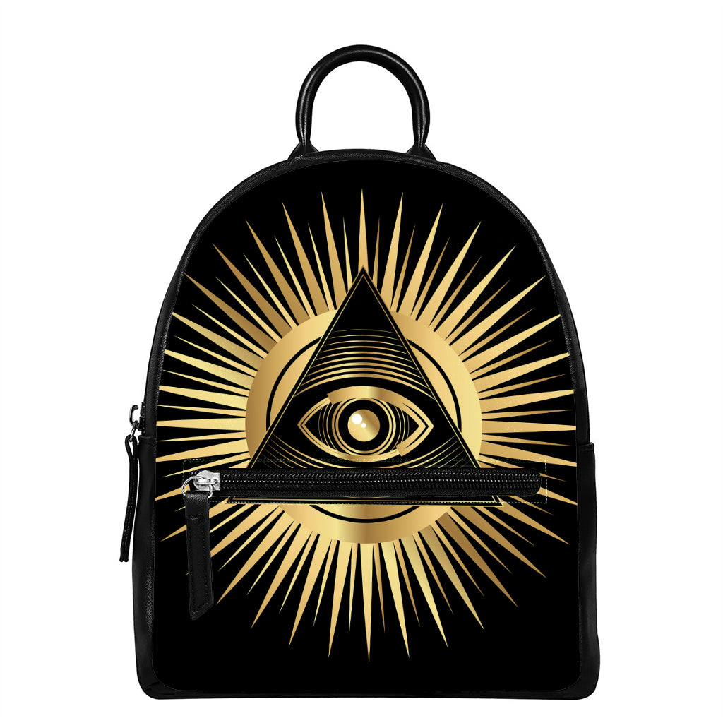 Black And Gold Eye of Providence Print Leather Backpack