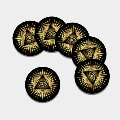 Black And Gold Eye of Providence Print Leather Coaster Set