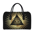 Black And Gold Eye of Providence Print Leather Duffel Bag