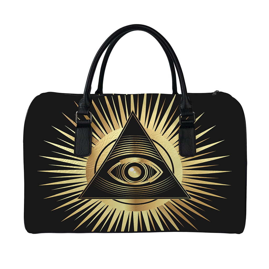 Black And Gold Eye of Providence Print Leather Duffle Bag