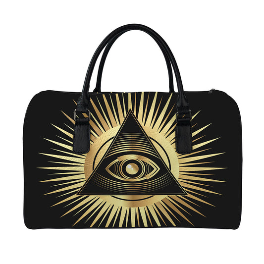 Black And Gold Eye of Providence Print Leather Duffle Bag