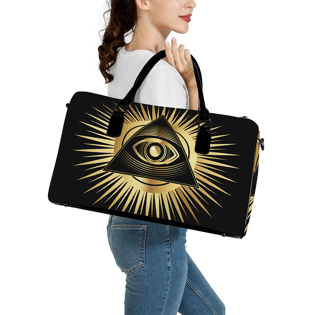 Black And Gold Eye of Providence Print Leather Duffle Bag