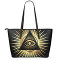 Black And Gold Eye of Providence Print Leather Tote Bag With Zipper