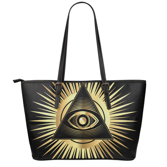 Black And Gold Eye of Providence Print Leather Tote Bag