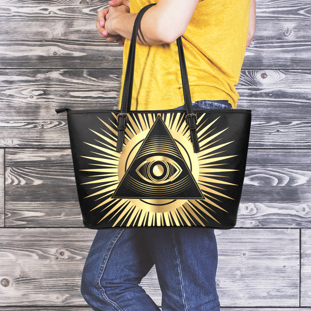 Black And Gold Eye of Providence Print Leather Tote Bag