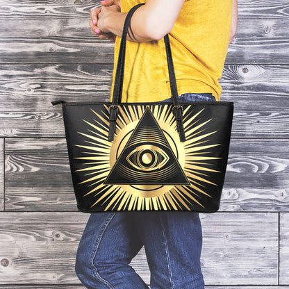 Black And Gold Eye of Providence Print Leather Tote Bag
