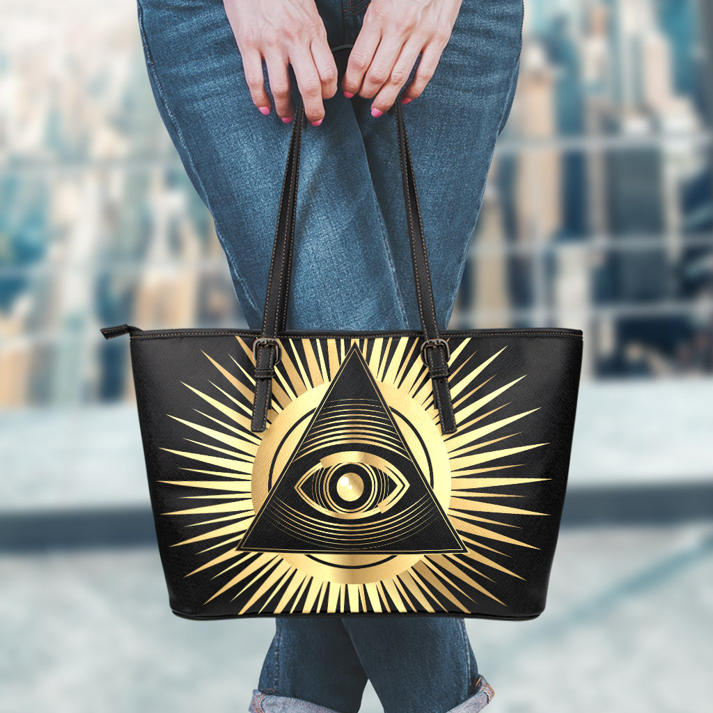 Black And Gold Eye of Providence Print Leather Tote Bag