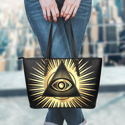 Black And Gold Eye of Providence Print Leather Tote Bag