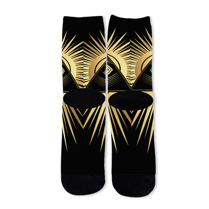 Black And Gold Eye of Providence Print Long Socks
