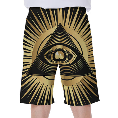 Black And Gold Eye of Providence Print Men's Beach Shorts