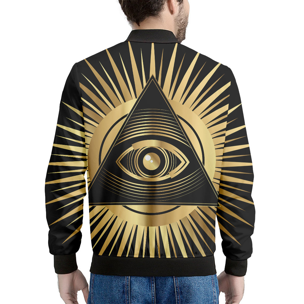 Black And Gold Eye of Providence Print Men's Bomber Jacket