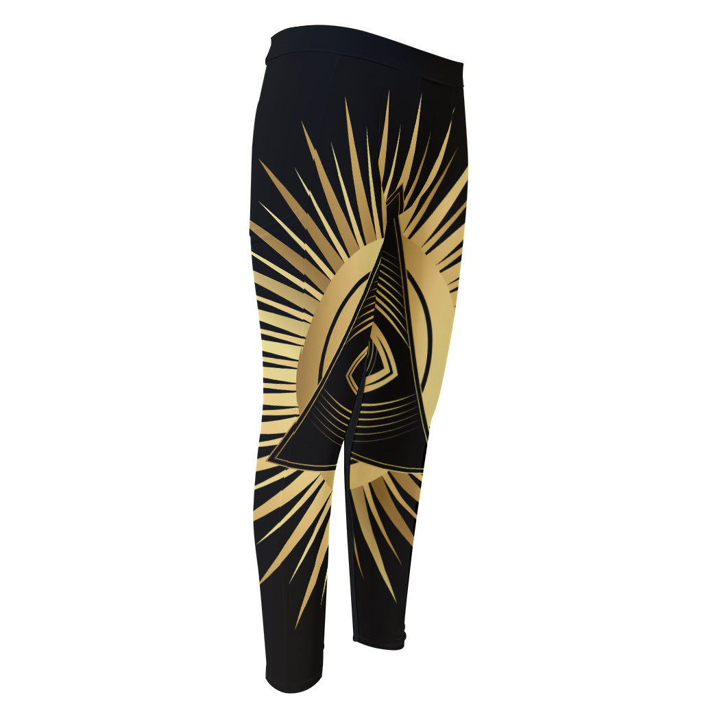 Black And Gold Eye of Providence Print Men's Compression Pants