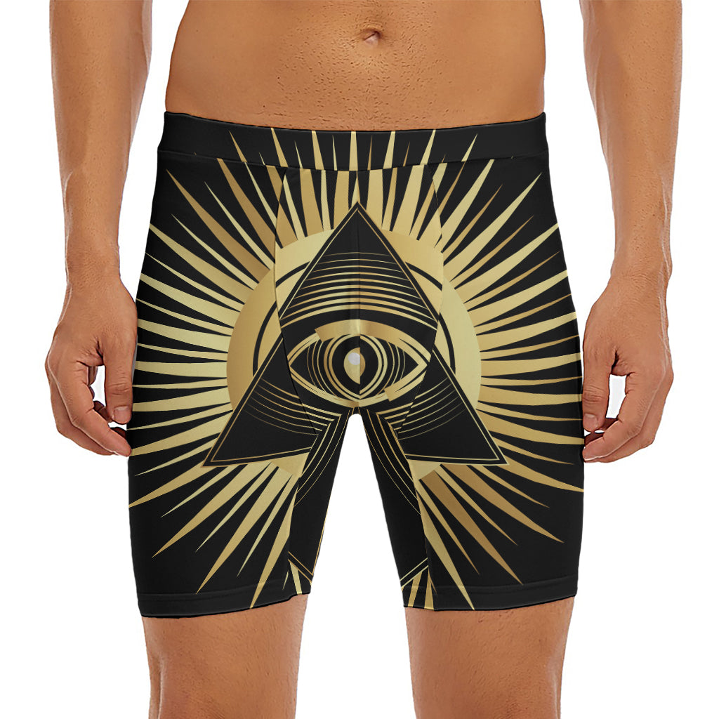 Black And Gold Eye of Providence Print Men's Long Boxer Briefs