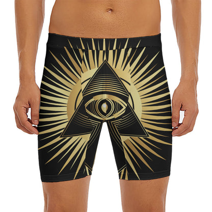 Black And Gold Eye of Providence Print Men's Long Boxer Briefs