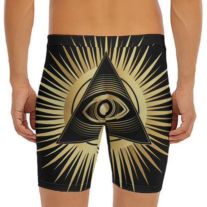 Black And Gold Eye of Providence Print Men's Long Boxer Briefs