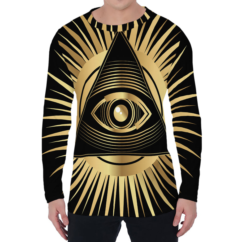 Black And Gold Eye of Providence Print Men's Long Sleeve T-Shirt