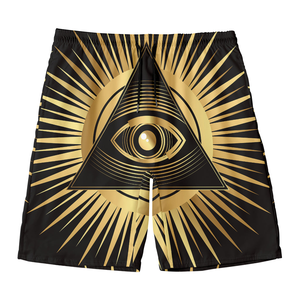 Black And Gold Eye of Providence Print Men's Swim Trunks